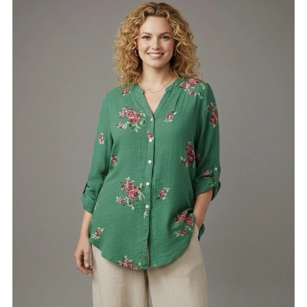 Fig & Flower Anthropologie Kelly Green Embroidered Pink Floral Button Blouse S